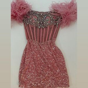 Portia and Scarlett Pink Sequin Feather Sleeve Party Dress